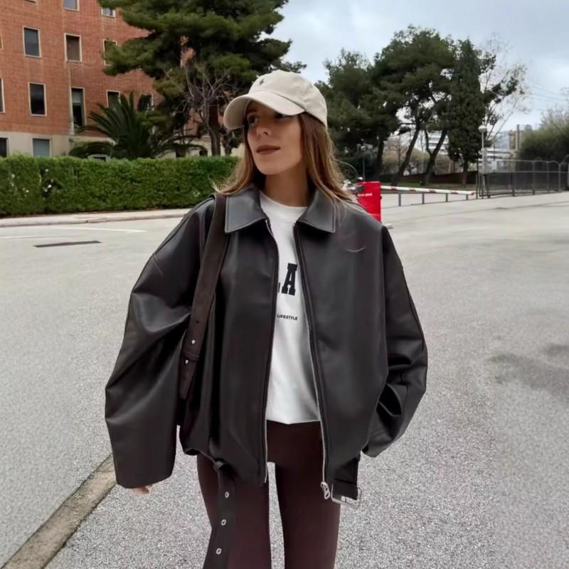 Vintage Cropped Leather Jacket Women Brown Black Loose Fit Casual Biker Style
