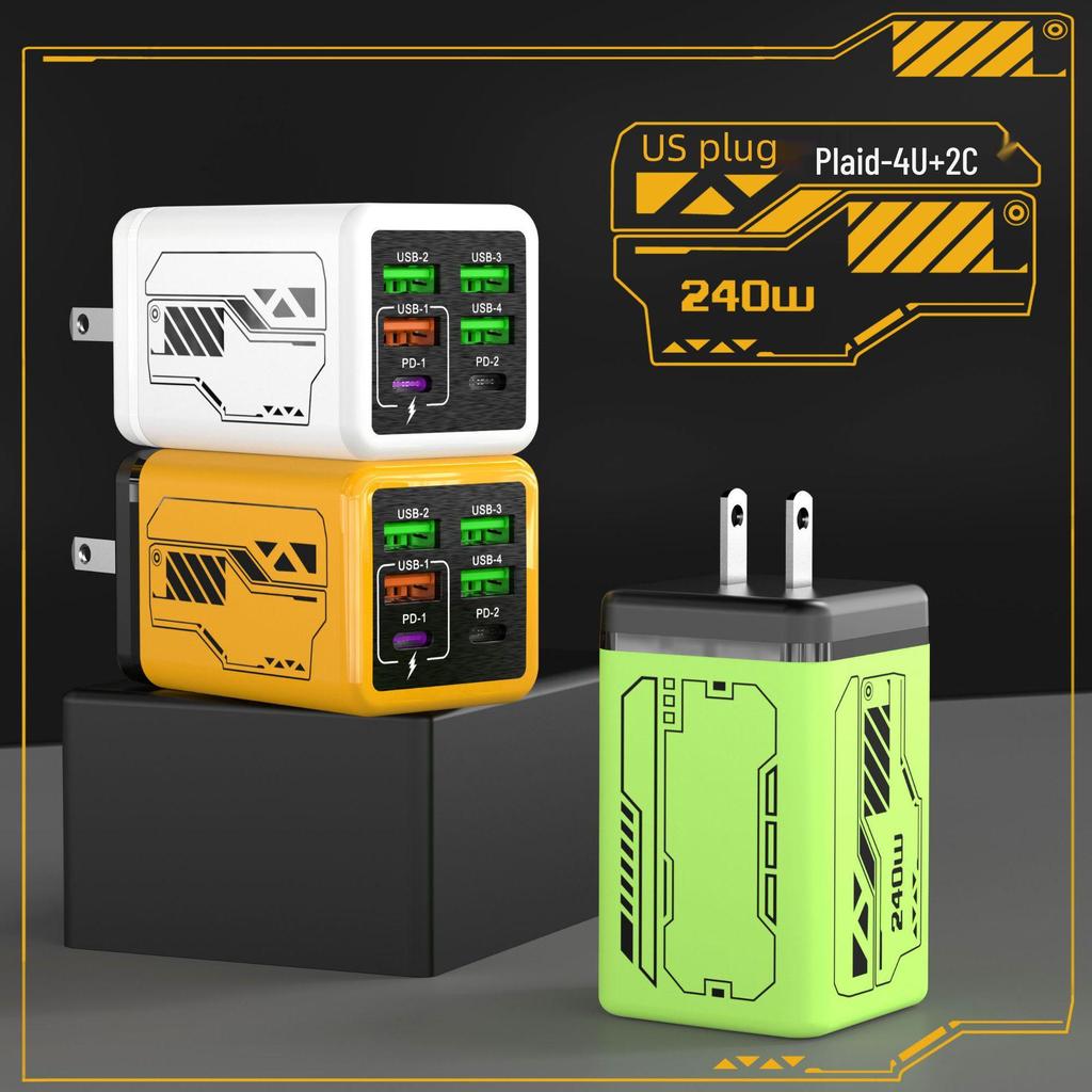 Быстрое зарядное устройство PD240W в стиле меха: 4 порта USB и 2 порта Type-C, Совместимость с устройствами Apple и Huawei