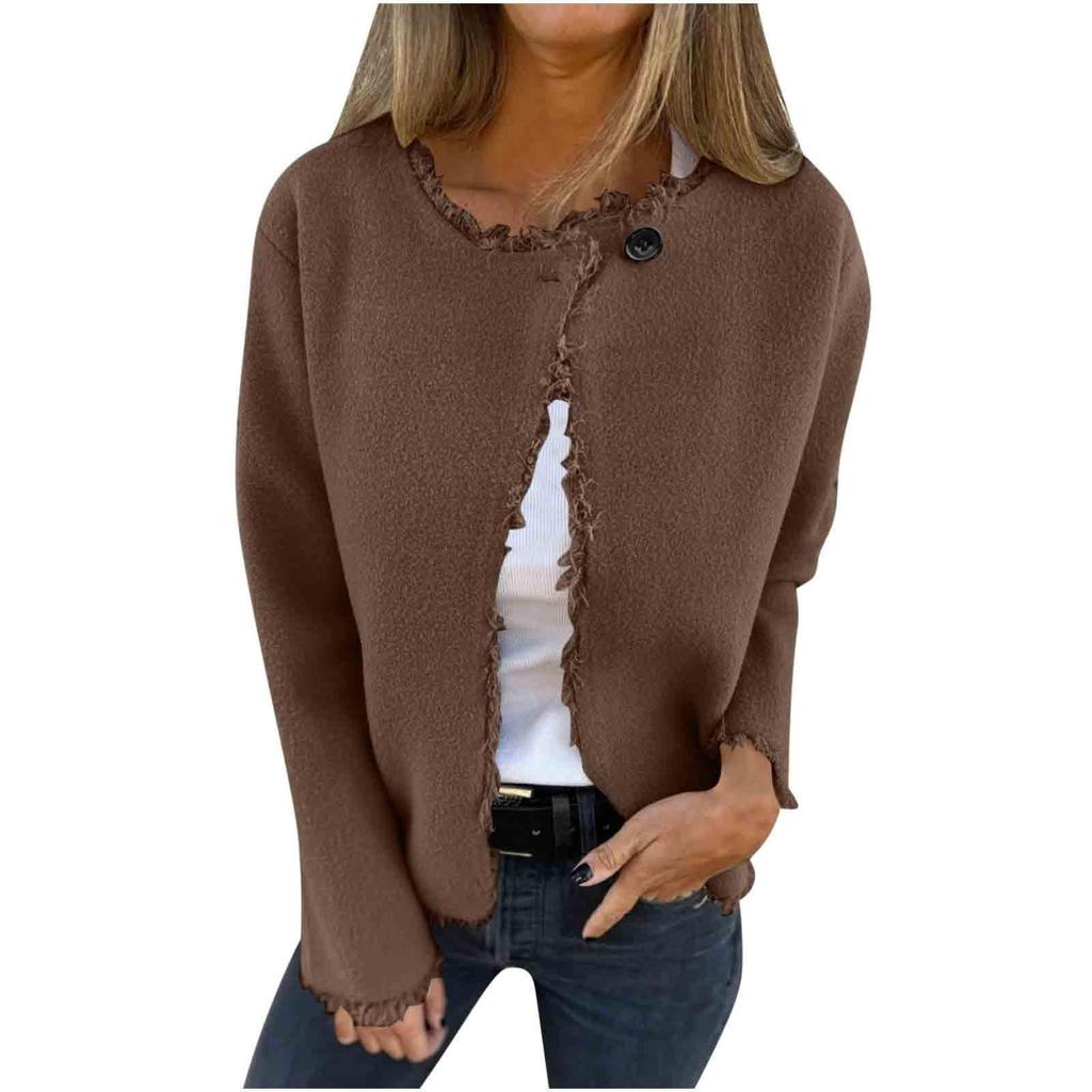 Women's Casual Crewneck Long-sleeve Tassel Woolen Solid Color Coat