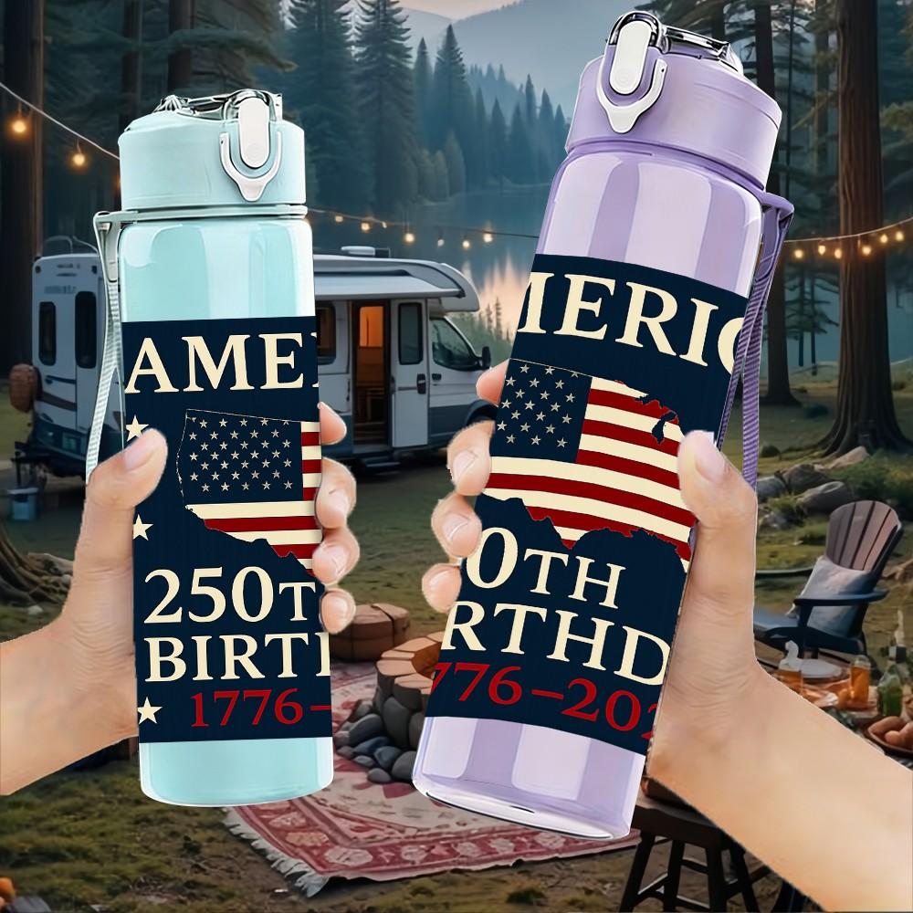 1PC America 250th Birthday Flag Print 750ml Color Plastic Sports Water Bottle Leakproof Flip Straw Lid For Sports Office Home Use
