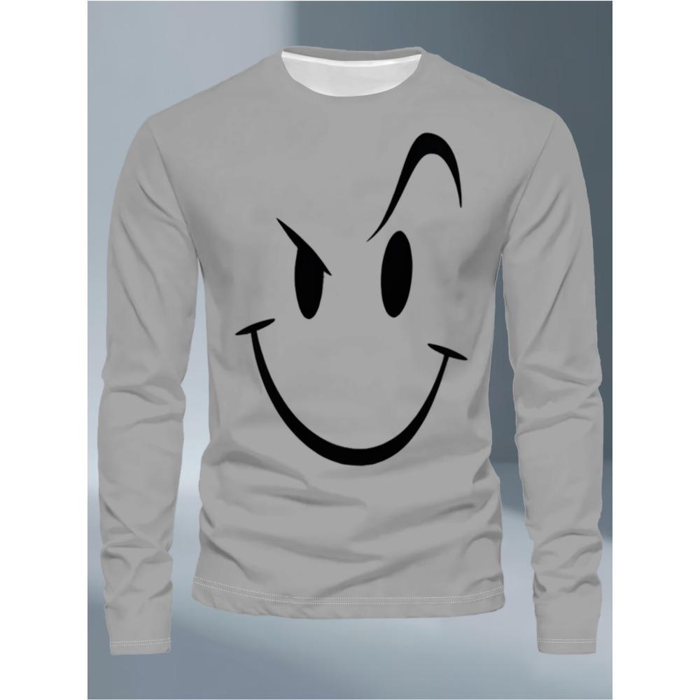 Trendy personalized long-sleeved T-shirt, wicked smiley face creative printing, white round neck casual bottoming shirt