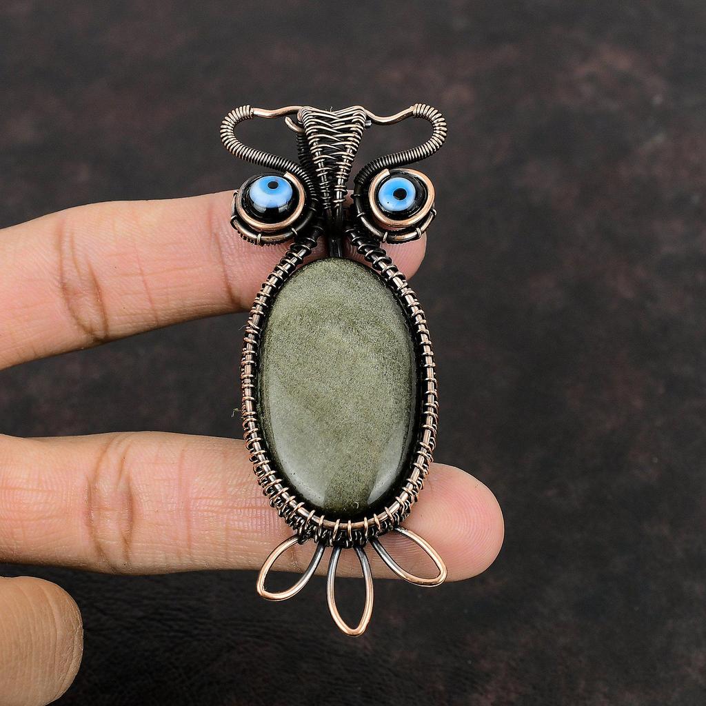 Серебряный Блеск Обсидиана Кулон Черный Цвет Кулон Сглаза Медная Проволока Обернутый Кулон Ювелирные Изделия Из Драгоценных Камней Кулон Сова Медные Ювелирные Изделия Ручной Работы
