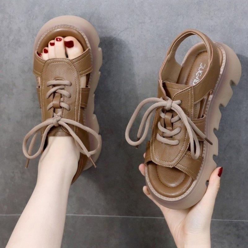 Thick Bottom Sandals Muffin Soft Bottom Mid Heel Fashion Outer Wear Lace Up Sandals