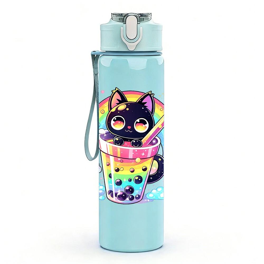 1PC Cat Wearing Colorful Hoodie Cartoon Print 750ml Color Plastic Sports Water Bottle Leakproof Flip Straw Lid Suitable for Sports Office Home Use