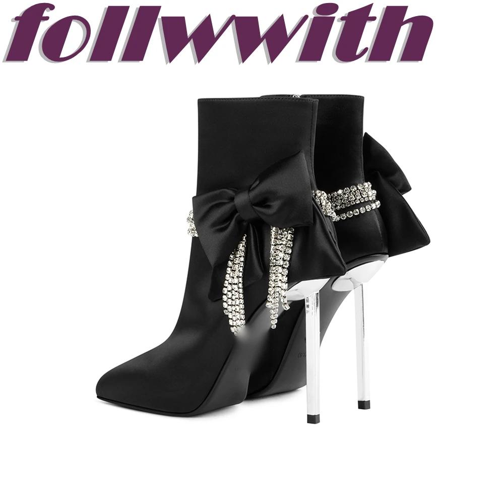 Шелковый бант, стразы, ботинки на молнии сбоку, острый носок, слипоны, шпилька, металлический каблук, платье, осень, новинка, женская обувь