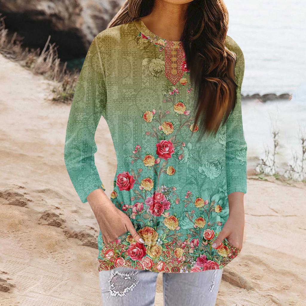 Женская модная повседневная футболка с карманом и круглым вырезом с рукавами 3/4 и топом