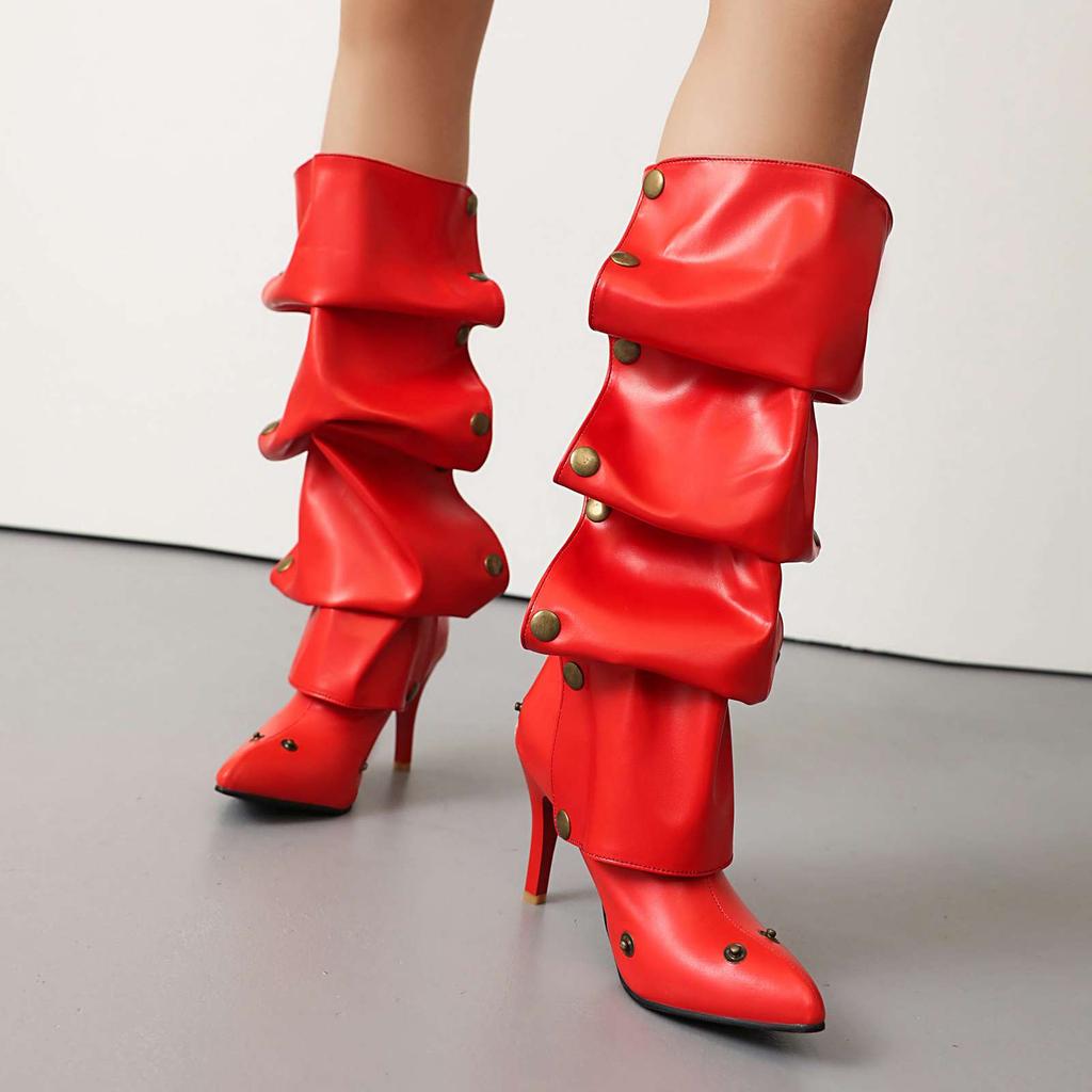 Lenkisen PU Осенне-зимние туфли с острым носком на шпильках Тонкие высокие каблуки Металлические заклепки Сохраняют тепло Модные сапоги до колена