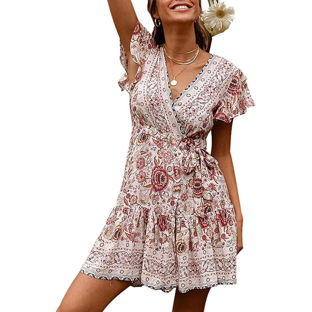 V-neck Sexy Tight-fitting Ruffle Dress Bohemian Style Small Fresh Print Dress