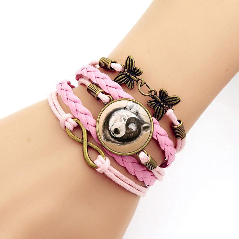 Инь Ян волк браслеты с подвесками для женщин модный стеклянный кабошон бабочка бесконечность ювелирные изделия многослойный кожаный браслет