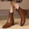 Square Head Leather Surface Fly-woven Socks Leather Boots Women's 2025 Korean Version of the New High-heeled Women's Boots Fashion Elastic Thin Boots