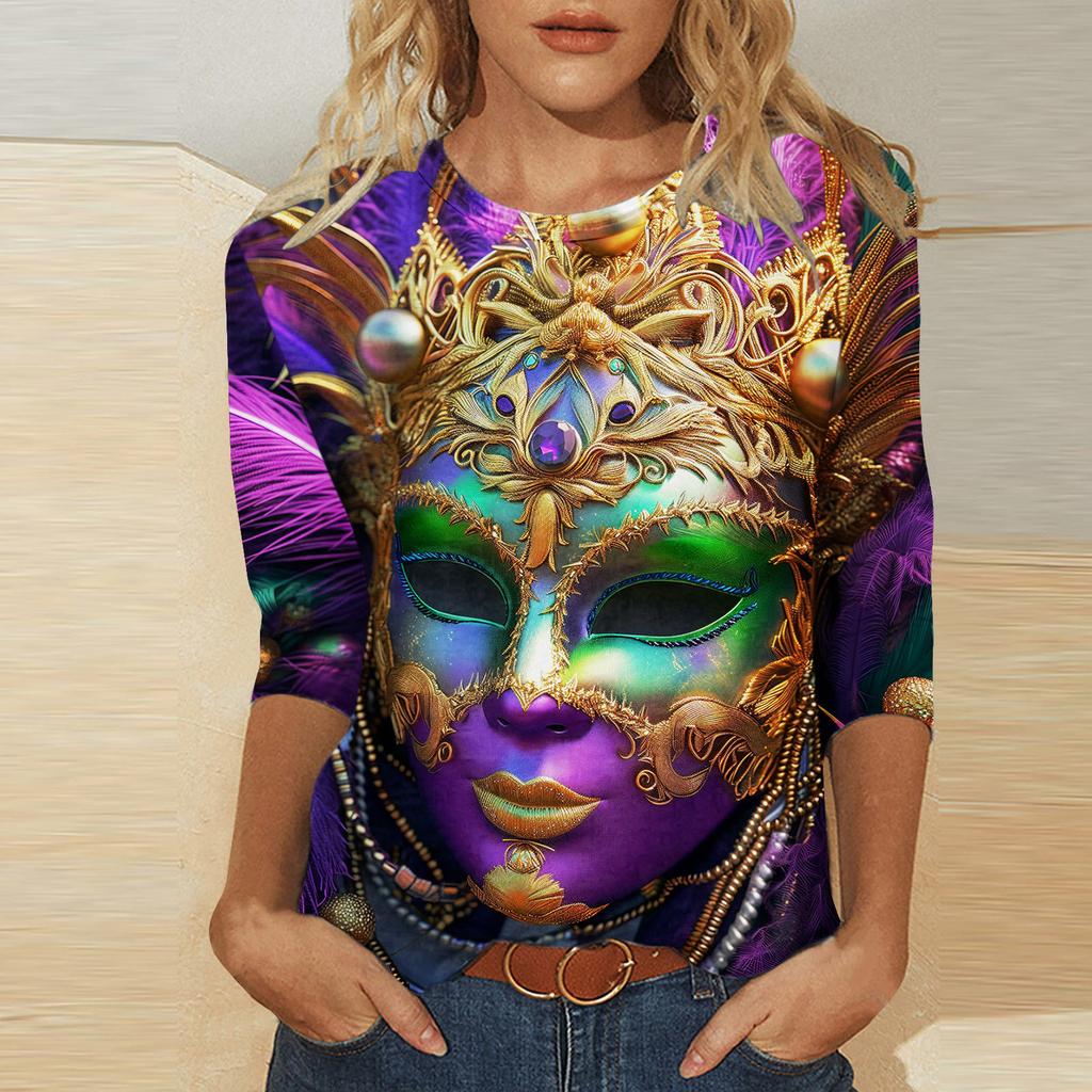 Round Neck 3D Mask Printed Top Fashionable Casual Long Sleeved Women's T-shirts