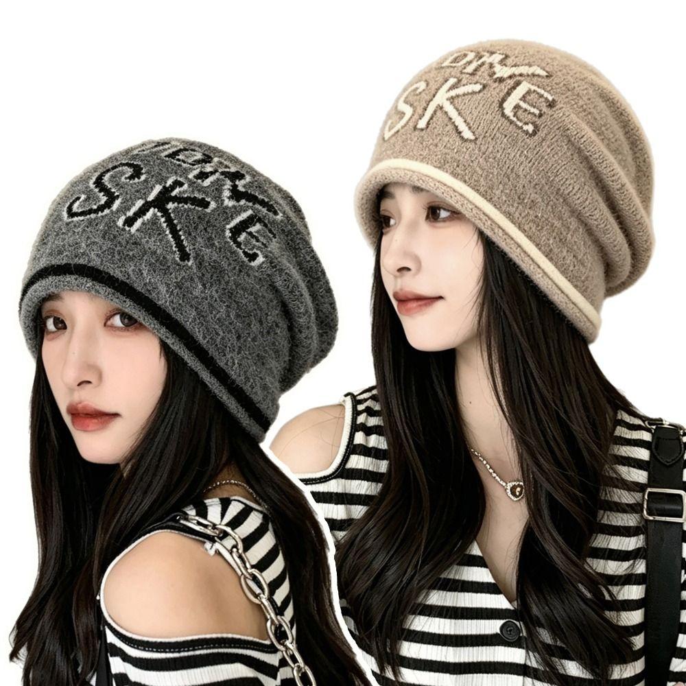 Jacquard Letter Beanie Knitted Hat Windproof Bucket Hat Versatile Beanies Hat Autumn Winter