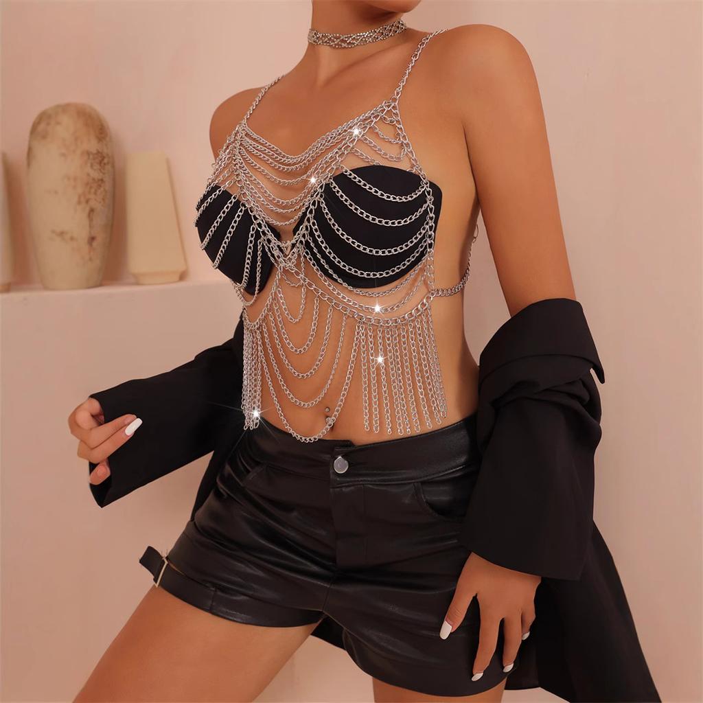 Summer New Sexy Backless Exaggerated Flash Diamond Breast Chain