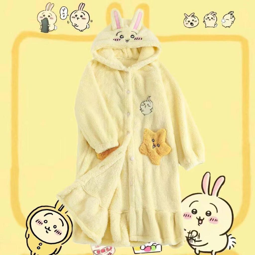 Женские пижамы Usachi из кораллового флиса - Плотные, с длинным рукавом, Милый мультяшный дизайн, Домашняя одежда с начесом для осени и зимы.