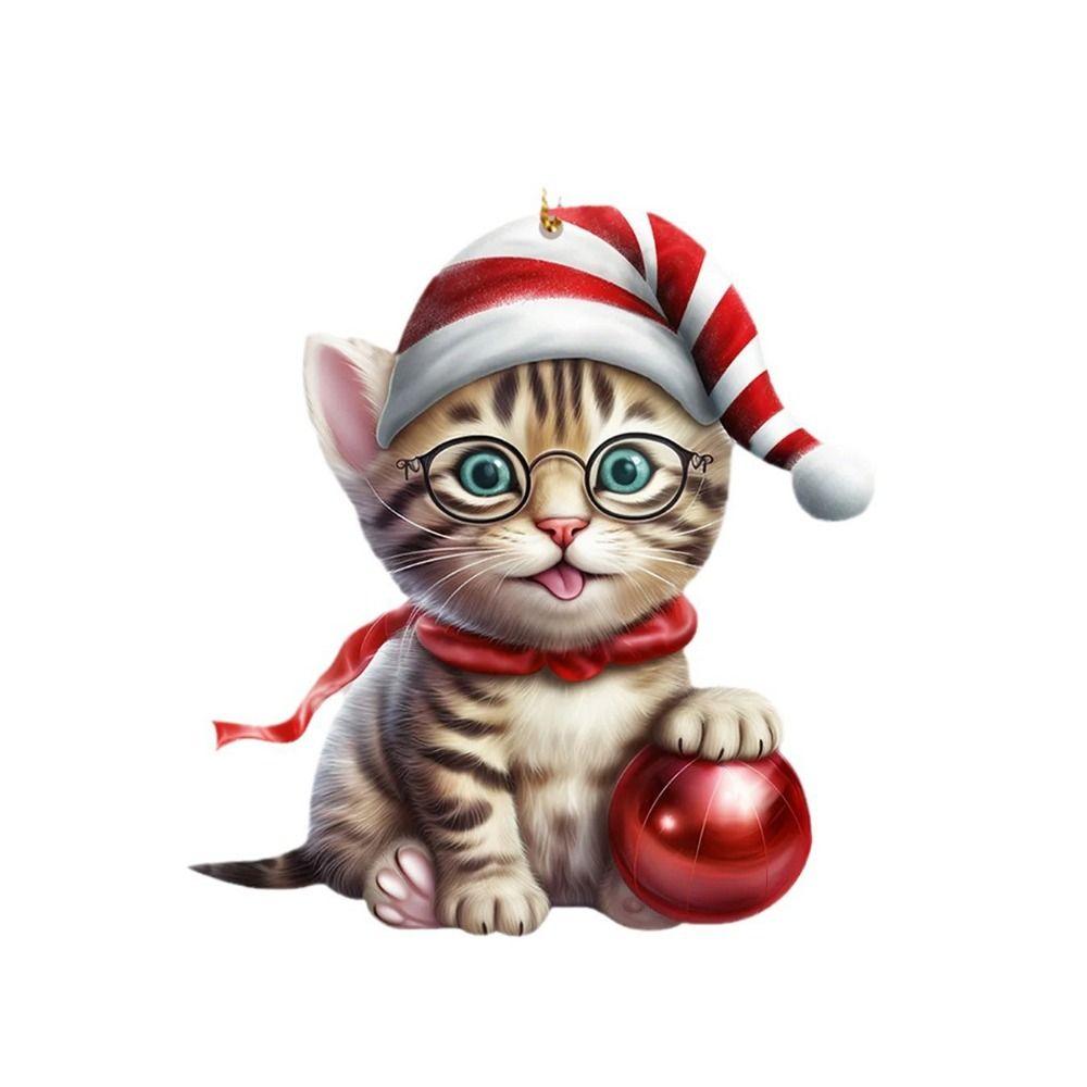 Flat Christmas Cat Pendant Acrylic Christmas Tree Decorations Cute Cat Xmas Hat Ornament Holiday