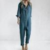Women Spring Jumpsuit Turn-down Collar Half Single-breasted Long Sleeves Pure Color Loose Casual Dily Wear