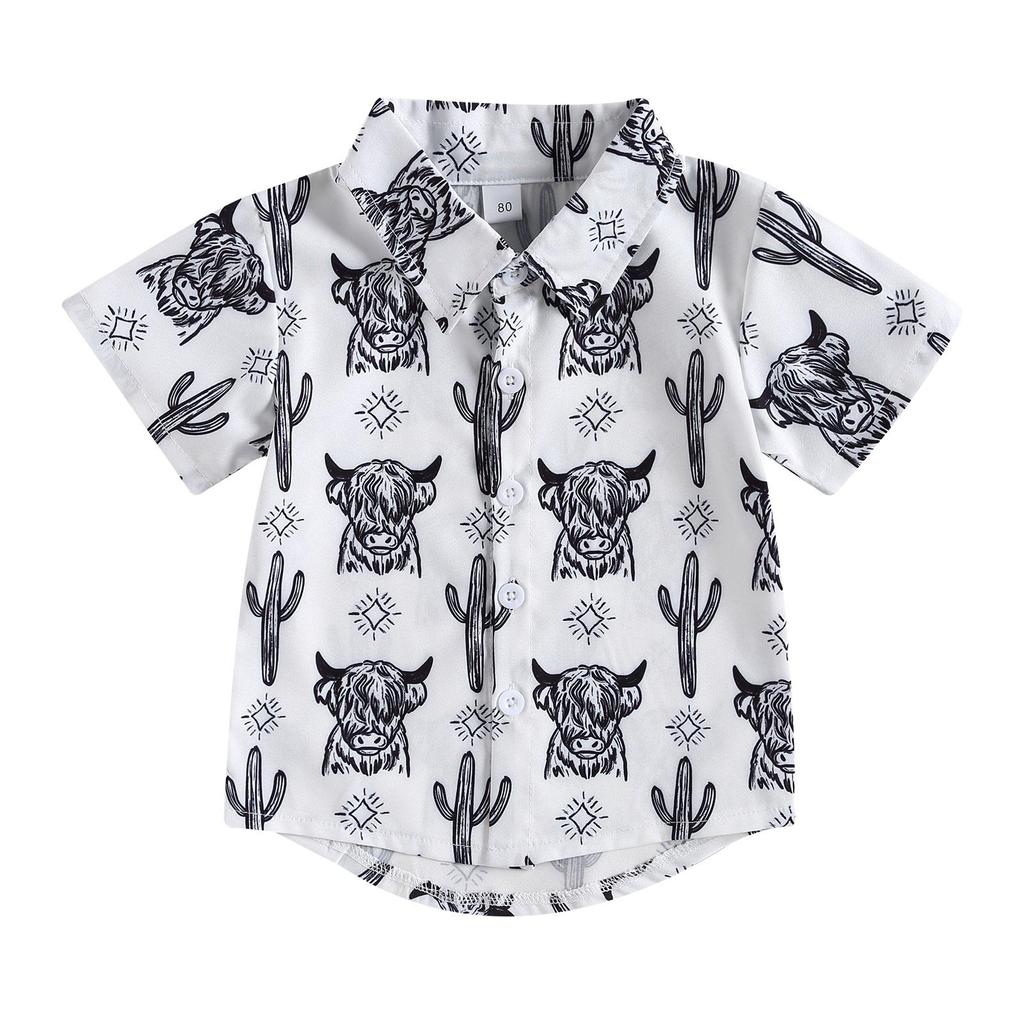 Летние рубашки для маленьких мальчиков, рубашки с короткими рукавами и пуговицами с графическим принтом крупного рогатого скота, кактуса, блузка, топы, детская одежда