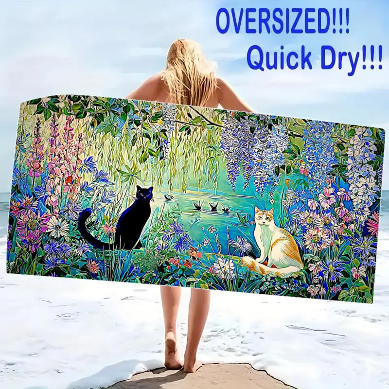 Cute Cat Print Beach Towel, Large Soft Quick Dry Towel for Beach Camping Swimming
