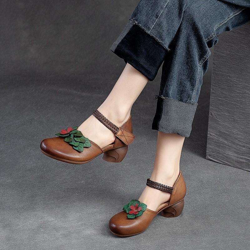 Johnature Женские сандалии в стиле ретро из натуральной кожи, универсальные сандалии ручной работы на среднем каблуке с цветочным узором и круглым носком, женская обувь