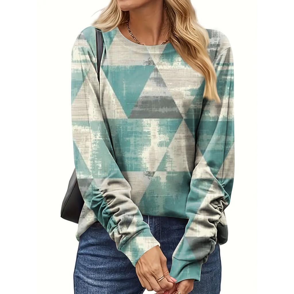 Women's Fashion Casual Long Sleeve Print Round Neck Pullover Top Blouse