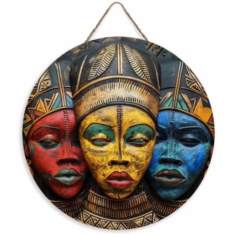 Wood Unique African Mask Circular Wooden Sign with Artistic Design, Suitable for Door, Wall, Home, Room, Farmhouse, Street, Shop, Garage, Bar, Garden