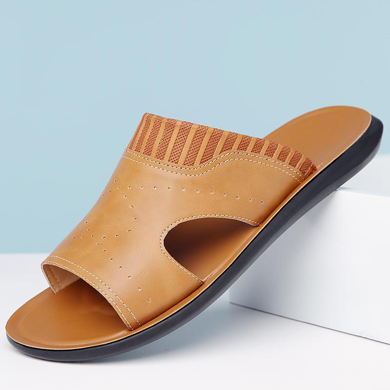 Модные мужские роскошные кожаные тапочки Нескользящая подошва Удобные шлепанцы с открытым носком Домашние тапочки для отеля Легкие летние тапочки