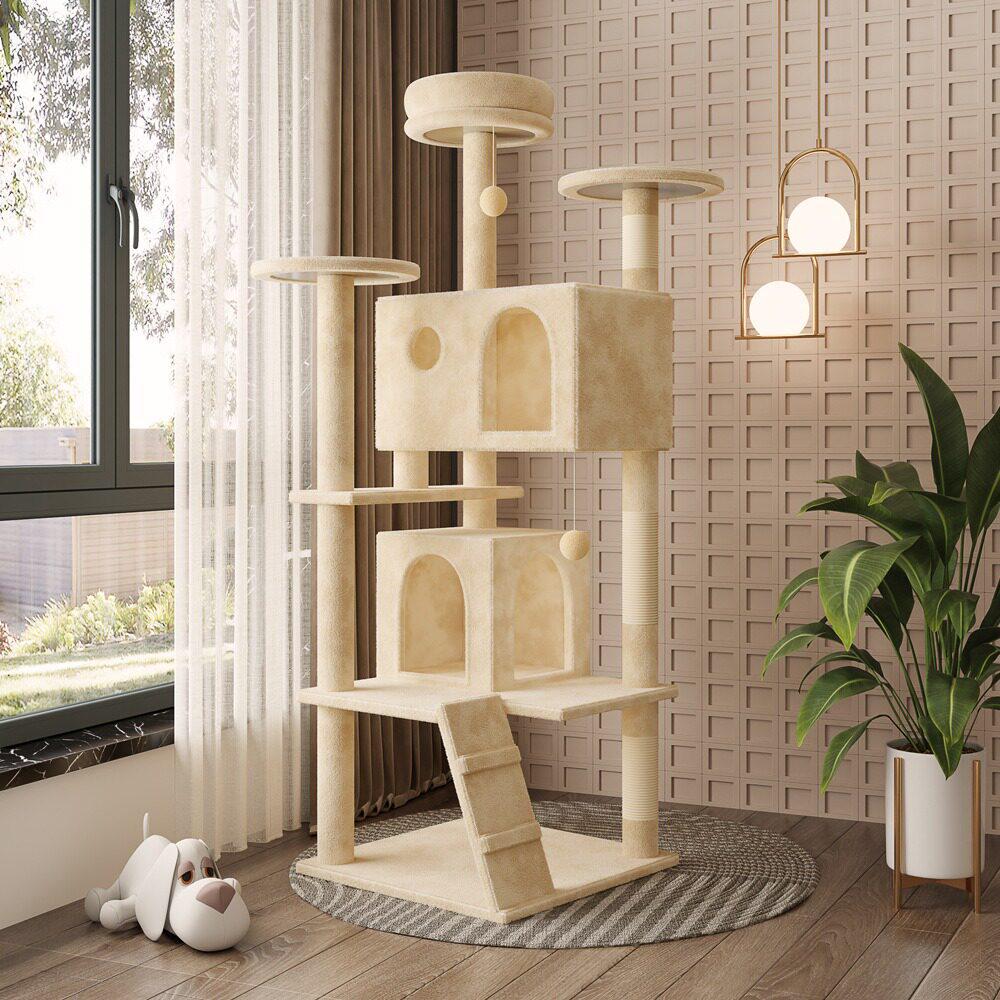 Compact Multi-Cat Tree: Climbing Frame, Bed, Scratching Post, and Jumping Platform for Small Spaces.