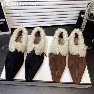 Меховые женские туфли на плоской подошве из замши с острым носком, сексуальные туфли, новый бренд 2025 года, тренд, зимнее дизайнерское классическое модное платье Mujer Zapatillas