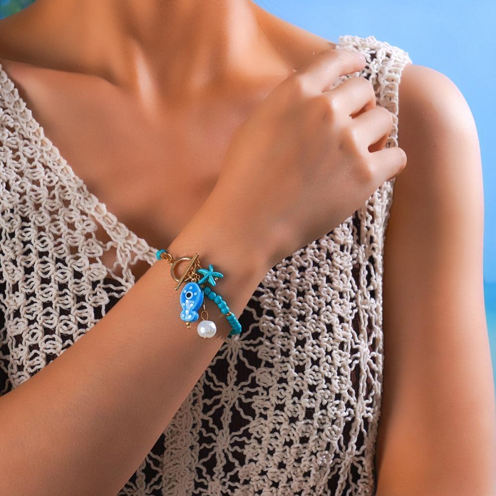 Bohemian Ceramic Fish Bead Bracelet for Women Sea-inspired Charming OT Buckle Bracelets with Synthetic Turquoise Beads