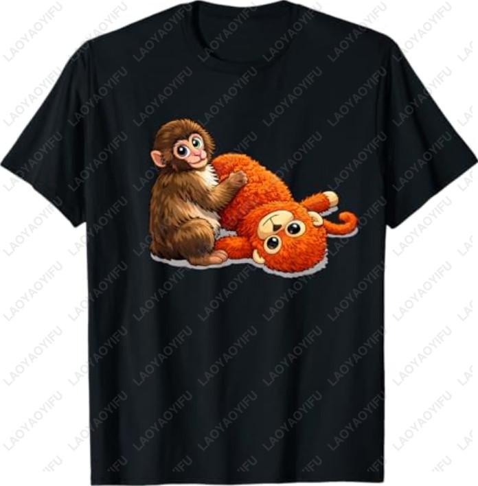 Monkey Paw Pattern Tshirt Baby Monkey Holding A Plush Toy Clothing for Animal Lovers Cotton Tshirt Fashionable and Simple