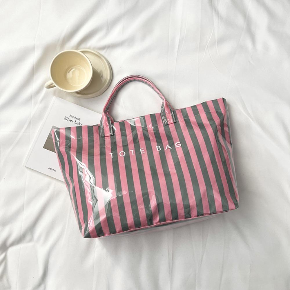 Stripe PVC Striped Tote Bag Letter Print Letter Prints Handbags Grocery Handbag