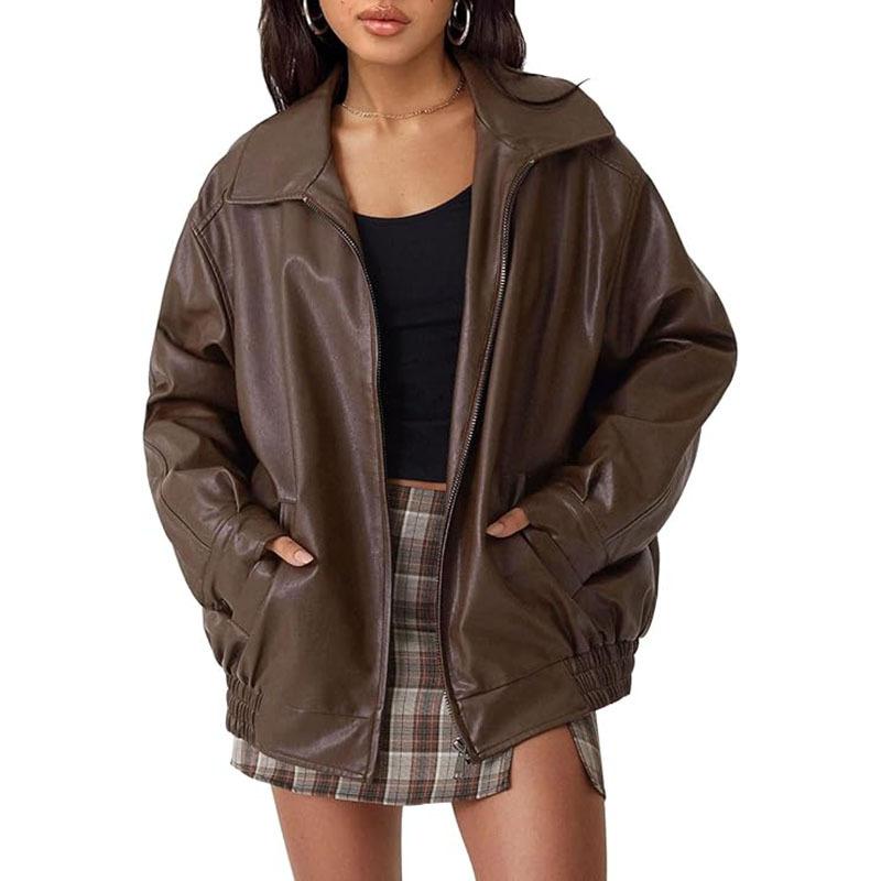 Leather jacket motorcycle style loose top lapel elastic waist leather jacket women