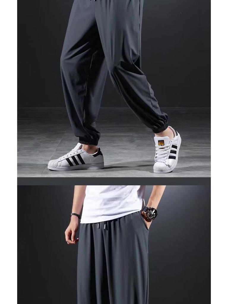 Мужские повседневные брюки большого размера из быстросохнущего шелка Ice Silk — летние легкие, свободные, с девятью точками посадки, высокоэластичные спортивные брюки.