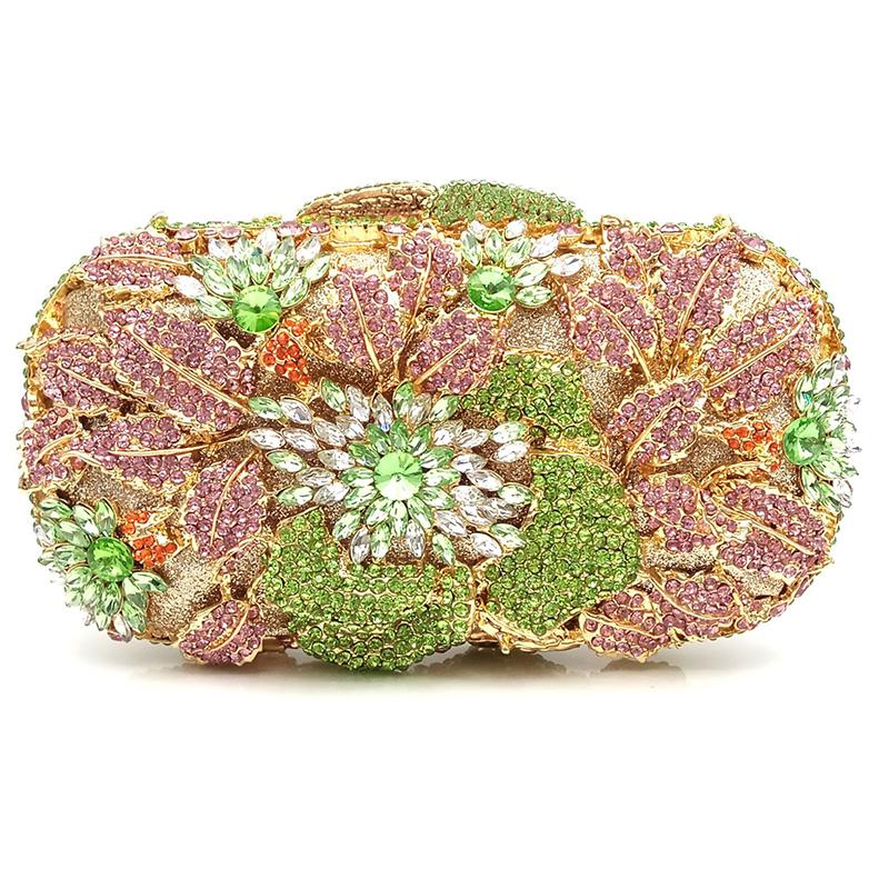 Floral Women Crystal Rhinestone Evening Bags Black Diamond Clutch Bag Wedding Bridal Clutches Gold Metal Handbag Purse Bags