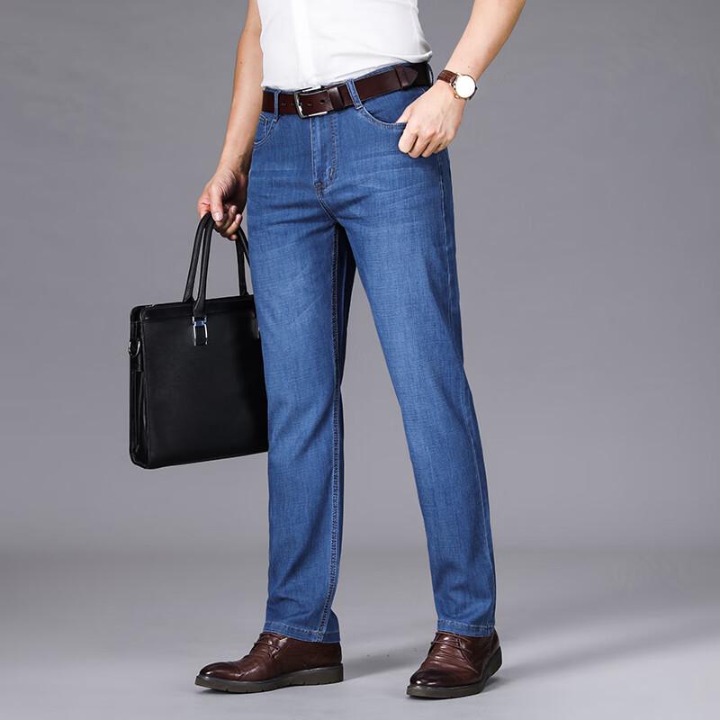 Мужские летние джинсы из эластичного денима свободного прямого кроя