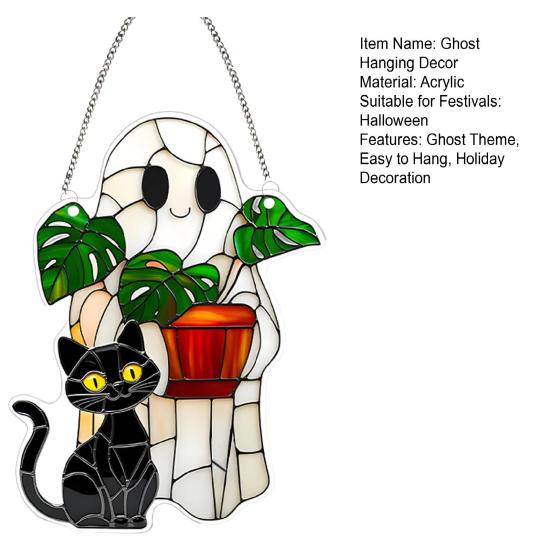 Halloween Ghost Black Cat Suncatcher Hanging Decoration Indoor Outdoor Home Garden Wall Window Hanging Stained Glass Acrylic Ornament Pendant