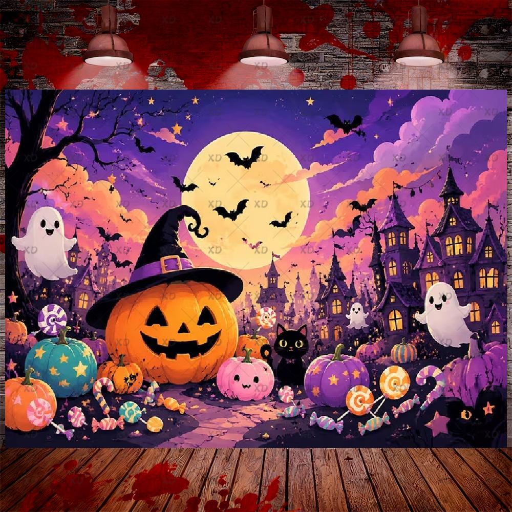 Halloween backdrop with a cute ghost, an adorable little kawaii ghost, backdrop for photography, "Trick or Treat",2036