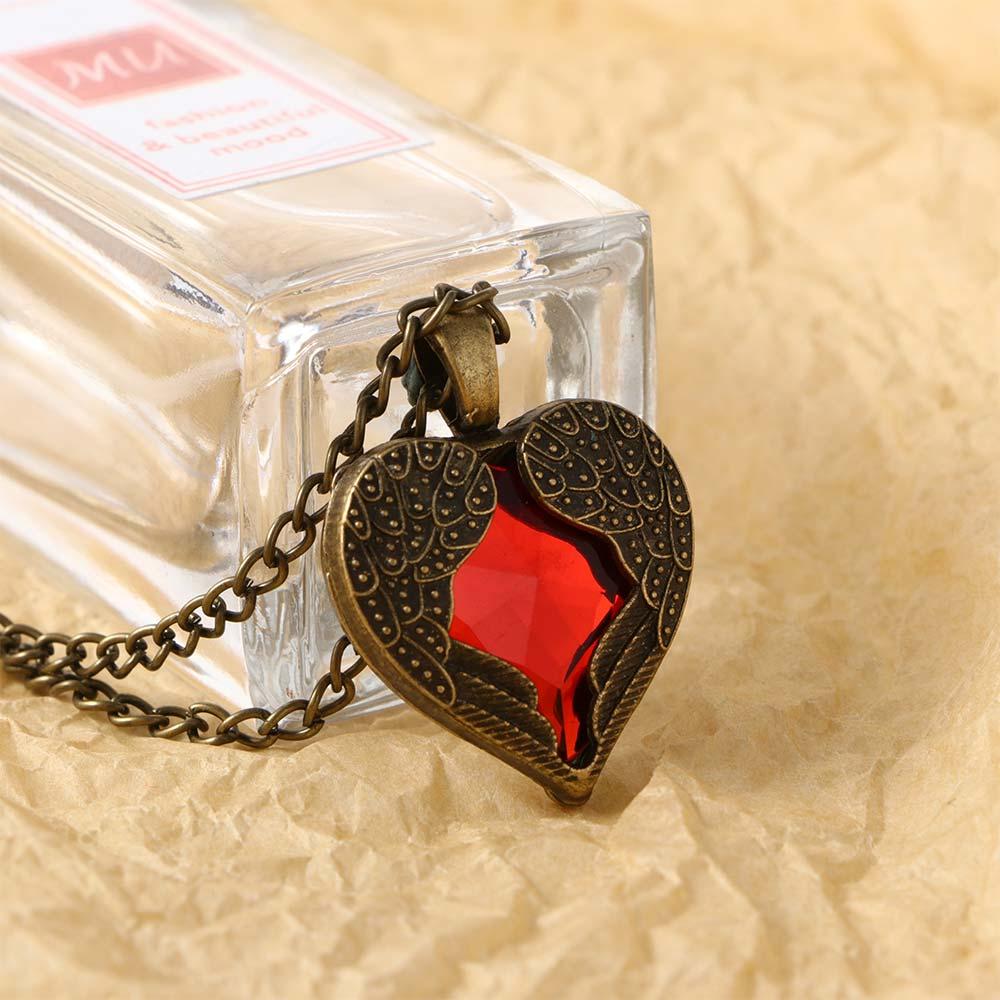 Vintage Hollow Angel Wing Stone Girls Sweater Chain Jewelry Peach Heart Necklace Pendant