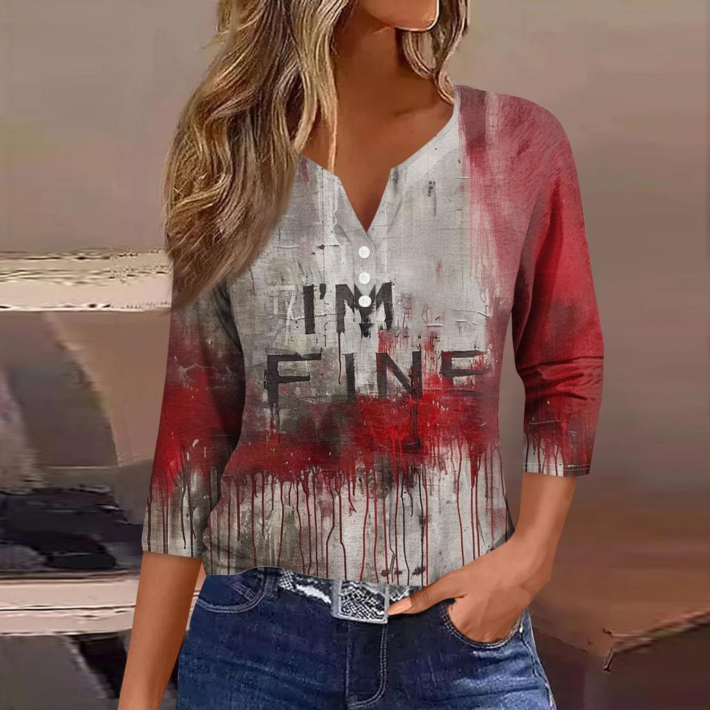 Женская модная повседневная футболка с принтом на Хэллоуин, V-образным вырезом, короткими рукавами, декоративными пуговицами и рукавами три четверти