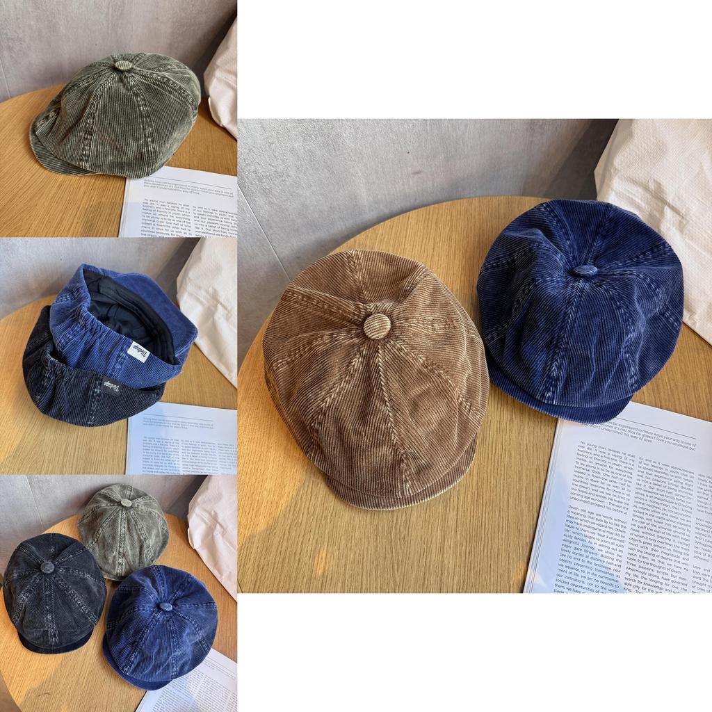 Vintage Corduroy Beret Hat With Curved Brim For Winter Fashion