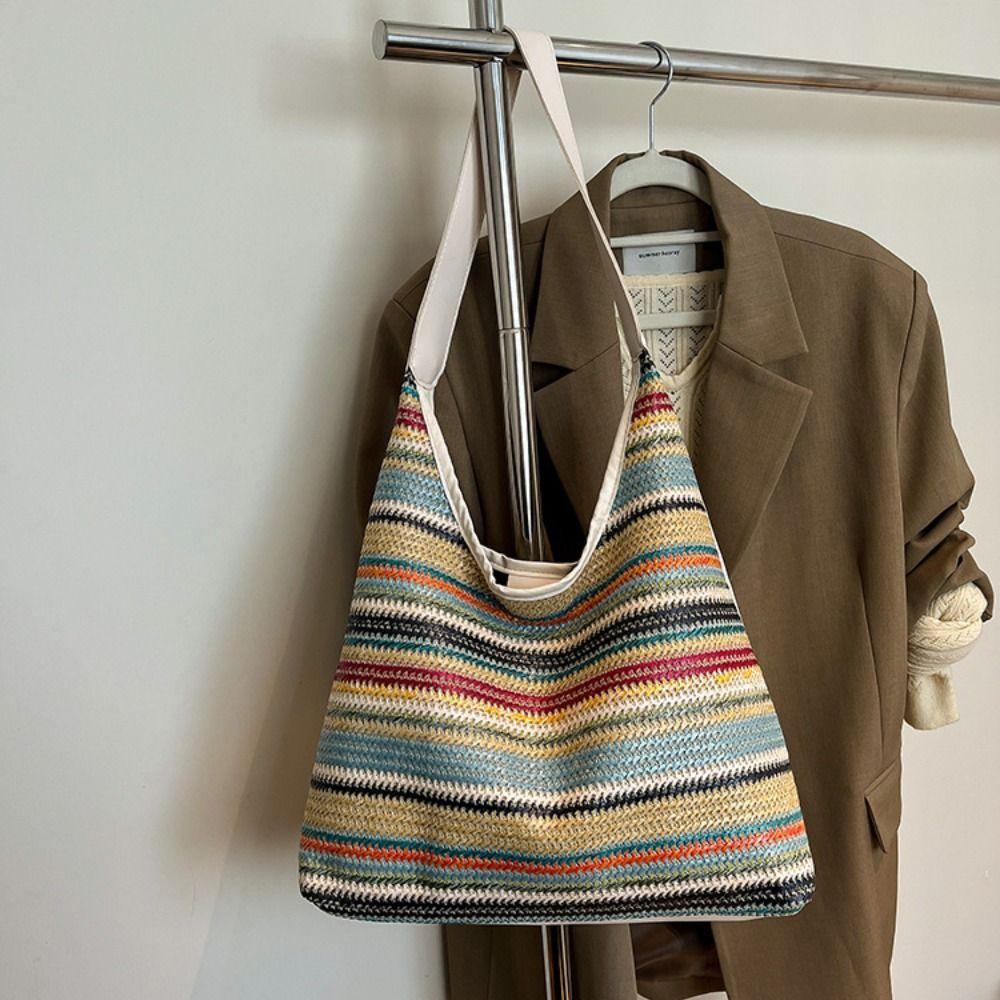 Bohemian Style Rainbow Beach Bag Large Capacity Hollow Tote Bag Fashion Weave Straw Bag Travel