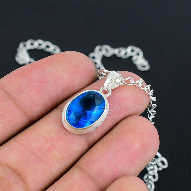 Граненый Голубой Топаз Подвеска-Цепочка S-Замок Ручной Работы Тонко Полированная Подвеска из Стерлингового Серебра 925 пробы с Современным Дизайном Подарок на Свадьбу для Невесты