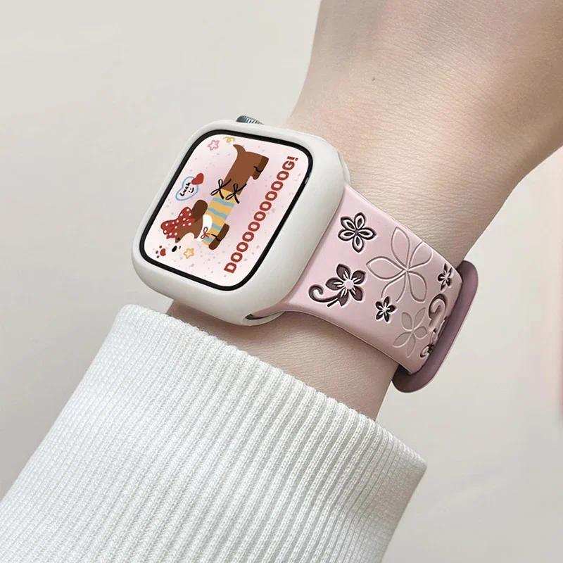 3D Цветочный Гравированный Силиконовый Спортивный Ремешок для Apple Watch Ultra 2 49мм S10 11 42 46мм 44 45 41 38 40мм iWatch SE 9 8 7 6 5 3