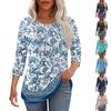 Women's Fashionable Casual Pleated Round Neck Casual Floral Print Seven Quarter Sleeved T-shirt Top