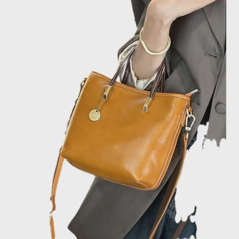 Женская ретро-сумка через плечо из натуральной кожи - модная сумка-ведро из коровьей кожи растительного дубления