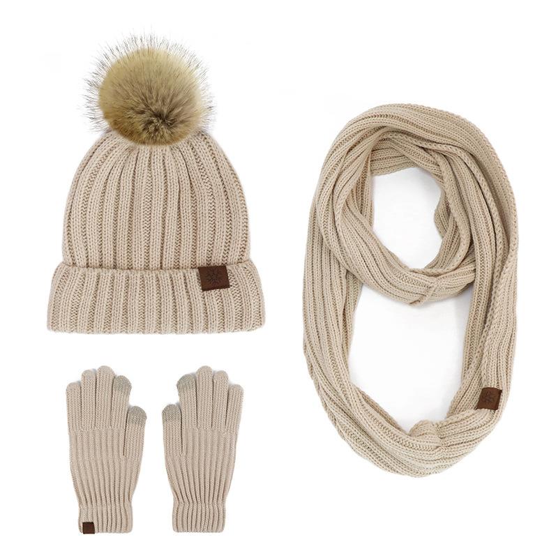 New Product Winter Adult Women's Hairball Knitted Hat Scarf Gloves Three-piece Outdoor Warm Scarf Set