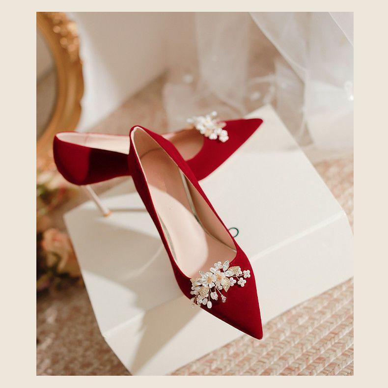 French stiletto wedding shoes 2025 new female wedding bride shoes show clothes wedding dress two wear red high heels