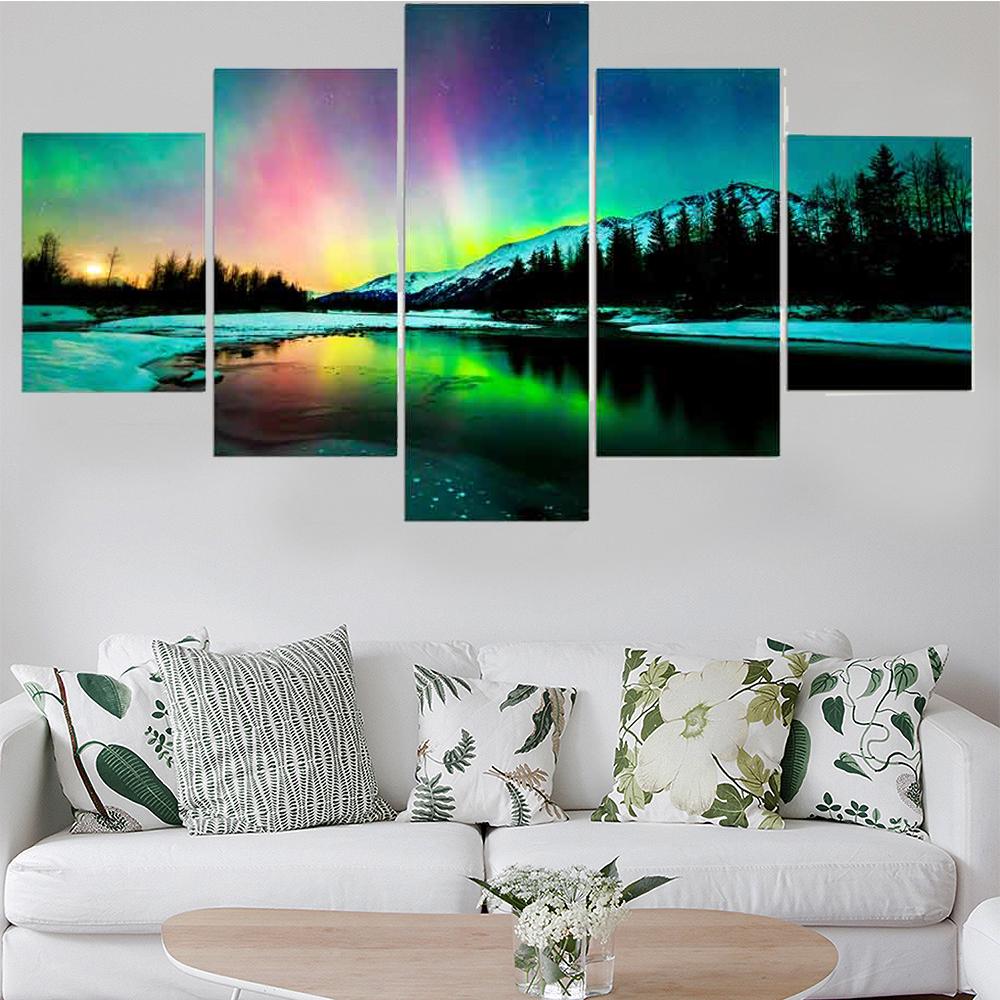 HD Печать Настенная Картина на Холсте Модульный Плакат 5 Панель Красочная Аврора Бореалис Рамка Современный Домашний Декор Гостиная Фотографии Без Рамки