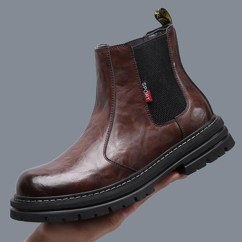 Men Autumn Winter Motorcycle Boots Trend Leather Plus Fleece Warm Work Retro Platform Chelsea Shoes Comfortable Durable