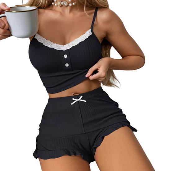 Женский сексуальный пижамный комплект из 2 предметов, ребристый кружевной топ на пуговицах, шорты с оборками по низу, комплект одежды для сна, летняя повседневная домашняя одежда